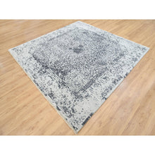 Load image into Gallery viewer, 8&#39;x8&#39; Hand Knotted Silver Gray Erased Persian Design Wool And Pure Silk Oriental Square Rug FWR380730