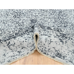 8'x8' Hand Knotted Silver Gray Erased Persian Design Wool And Pure Silk Oriental Square Rug FWR380730