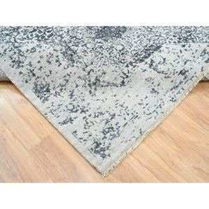 8'x8' Hand Knotted Silver Gray Erased Persian Design Wool And Pure Silk Oriental Square Rug FWR380730