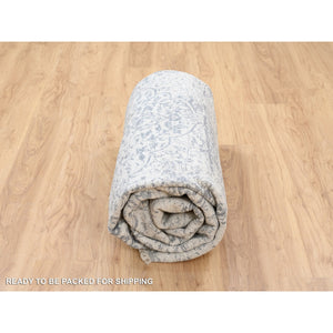 8'x8' Hand Knotted Silver Gray Erased Persian Design Wool And Pure Silk Oriental Square Rug FWR380730