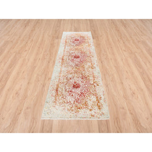 2'7"x9'9" Persian Erased Medallion Design Wool And Pure Silk Hand Knotted Pink Oriental Runner Rug FWR380784