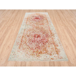 4'x11'9" Hand Knotted Pink Persian Erased Medallion Design Wool And Pure Silk Oriental Wide Runner Rug FWR380796