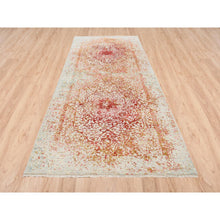 Load image into Gallery viewer, 4&#39;x11&#39;9&quot; Hand Knotted Pink Persian Erased Medallion Design Wool And Pure Silk Oriental Wide Runner Rug FWR380796