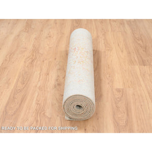4'x11'9" Hand Knotted Pink Persian Erased Medallion Design Wool And Pure Silk Oriental Wide Runner Rug FWR380796
