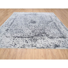 Load image into Gallery viewer, 12&#39;x12&#39; Silver Gray Erased Persian Design Wool And Pure Silk Hand Knotted Oriental Square Rug FWR380802