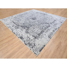 Load image into Gallery viewer, 12&#39;x12&#39; Silver Gray Erased Persian Design Wool And Pure Silk Hand Knotted Oriental Square Rug FWR380802