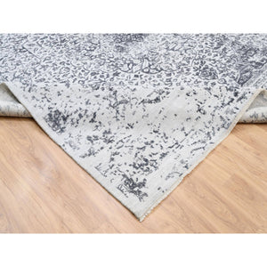 12'x12' Silver Gray Erased Persian Design Wool And Pure Silk Hand Knotted Oriental Square Rug FWR380802