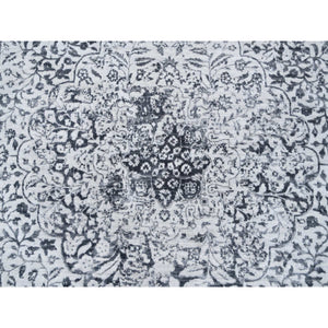 12'x12' Silver Gray Erased Persian Design Wool And Pure Silk Hand Knotted Oriental Square Rug FWR380802