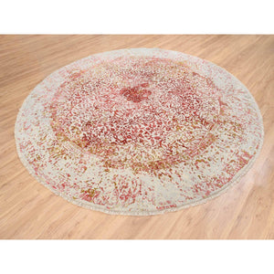 9'8"x9'8" Wool And Pure Silk Hand Knotted Pink Persian Erased Medallion Design Oriental Round Rug FWR380808