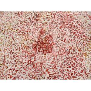 9'8"x9'8" Wool And Pure Silk Hand Knotted Pink Persian Erased Medallion Design Oriental Round Rug FWR380808