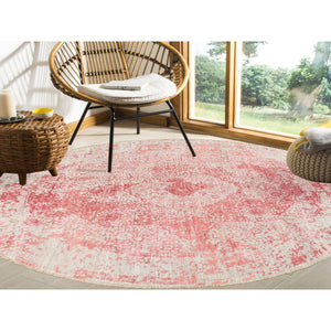 8'9"x8'9" Ivory With Touches Of Pink Wool And Pure Silk Hand Knotted Broken Persian Design Oriental Round Rug FWR380814