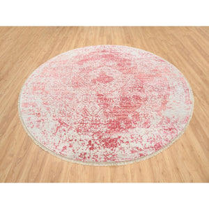 8'9"x8'9" Ivory With Touches Of Pink Wool And Pure Silk Hand Knotted Broken Persian Design Oriental Round Rug FWR380814
