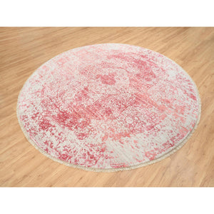 8'9"x8'9" Ivory With Touches Of Pink Wool And Pure Silk Hand Knotted Broken Persian Design Oriental Round Rug FWR380814
