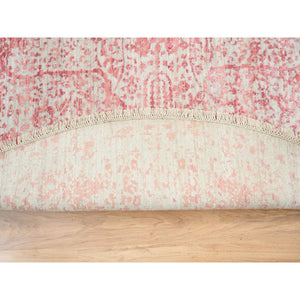 8'9"x8'9" Ivory With Touches Of Pink Wool And Pure Silk Hand Knotted Broken Persian Design Oriental Round Rug FWR380814