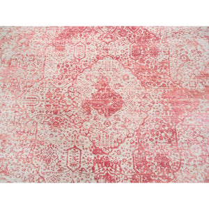 8'9"x8'9" Ivory With Touches Of Pink Wool And Pure Silk Hand Knotted Broken Persian Design Oriental Round Rug FWR380814