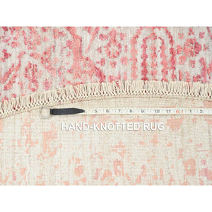 8'9"x8'9" Ivory With Touches Of Pink Wool And Pure Silk Hand Knotted Broken Persian Design Oriental Round Rug FWR380814