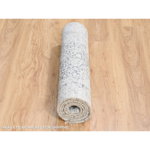 2'6"x6' Hand Knotted Silver Gray Erased Persian Design Wool and Pure Silk Oriental Runner Rug FWR380856