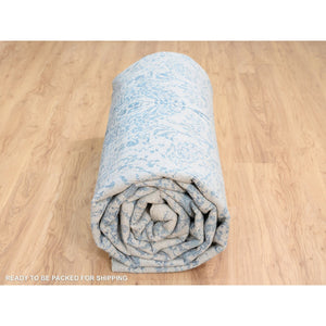 11'10"x15' Hand Loomed Gray Fine Jacquard With Sickle Leaf Design Wool And Plant Based Silk Oriental Oversized Rug FWR380880