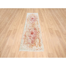Load image into Gallery viewer, 2&#39;4&quot;x8&#39; Hand Knotted Pink Persian Erased Medallion Design Wool And Pure Silk Oriental Runner Rug FWR380892