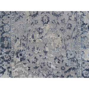 2'8"x7'8" Hand Knotted Gray Broken Kashan Design Wool with Pure Silk Oriental Runner Rug FWR380976
