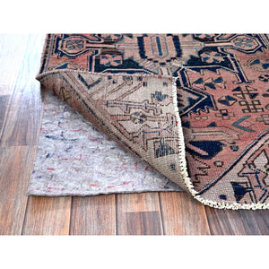 2'6"x10' Salmon Pink, Vintage Persian Hamadan with Geometric Pattern, Shaved Down, Zero Pile, Sides and Ends Professionally Secured, Hand Knotted, Pure Wool, Runner, Oriental Rug Sh634 FWR3804