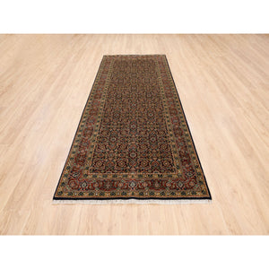 4'x10'1" Jet Black Herati With All Over Fish Design Dense Weave Wool 175 Kpsi Hand Knotted Oriental Gallery Size Runner Rug FWR381240