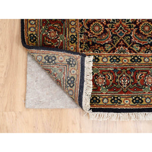 4'x10'1" Jet Black Herati With All Over Fish Design Dense Weave Wool 175 Kpsi Hand Knotted Oriental Gallery Size Runner Rug FWR381240