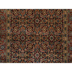 4'x10'1" Jet Black Herati With All Over Fish Design Dense Weave Wool 175 Kpsi Hand Knotted Oriental Gallery Size Runner Rug FWR381240