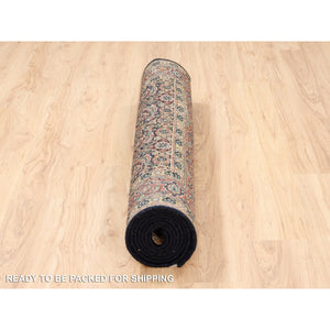 4'x10'1" Jet Black Herati With All Over Fish Design Dense Weave Wool 175 Kpsi Hand Knotted Oriental Gallery Size Runner Rug FWR381240
