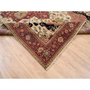 10'1"x15'9" Soft, Velvety Plush Wool Hand Knotted Beige Heriz Re-creation With Large Medallion Oriental Oversized Rug FWR381294