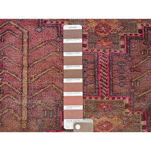 2'4"x8'9" Rosewood Pink, Vintage Northwest Persian with Geometric Pattern, Shaved Down, Zero Pile, Sides and Ends Professionally Secured, Hand Knotted, Pure Wool, Runner, Oriental Rug Sh635 FWR3810