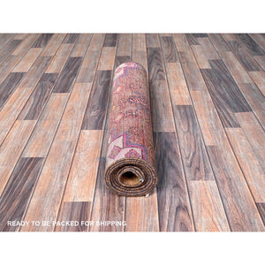2'4"x8'9" Rosewood Pink, Vintage Northwest Persian with Geometric Pattern, Shaved Down, Zero Pile, Sides and Ends Professionally Secured, Hand Knotted, Pure Wool, Runner, Oriental Rug Sh635 FWR3810