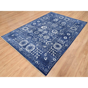 6'x8'10" Tone On Tone Tabriz Hand Knotted Wool And Silk Denim Blue Oriental Rug FWR381618