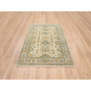 4'1"x6' Ivory, Karajeh Design, Soft And Pure Wool, Hand Knotted, Oriental Rug FWR381756