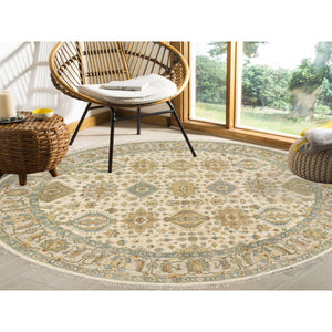 8'10"x8'10" Ivory, Hand Knotted With Soft Colors, Karajeh Design, Soft Pure Wool, Oriental Round Rug FWR381786
