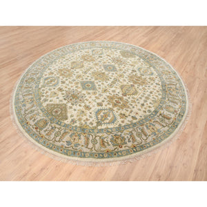 8'10"x8'10" Ivory, Hand Knotted With Soft Colors, Karajeh Design, Soft Pure Wool, Oriental Round Rug FWR381786