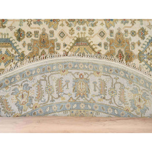 8'10"x8'10" Ivory, Hand Knotted With Soft Colors, Karajeh Design, Soft Pure Wool, Oriental Round Rug FWR381786