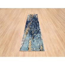 Load image into Gallery viewer, 2&#39;6&quot;x10&#39; Denim Blue With Mix Of Gold, Mosaic Design, Hand Knotted, Wool And Silk, Persian Knot Runner Rug FWR381996