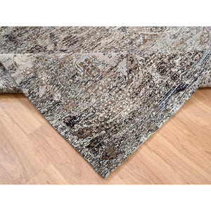 8'1"x8'1" Gray, Hand Knotted, Transitional Persian Influence Erased Medallion Design, Silk with Textured Wool, Oriental, Square Rug FWR382104