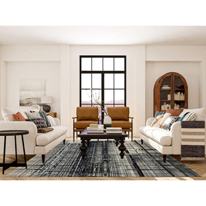 8'2"x9'9" Black, Modern Lines Design, Ghazni Wool, Hand Knotted, Oriental Rug FWR382212