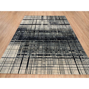 8'2"x9'9" Black, Modern Lines Design, Ghazni Wool, Hand Knotted, Oriental Rug FWR382212