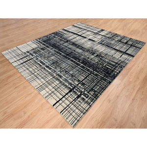 8'2"x9'9" Black, Modern Lines Design, Ghazni Wool, Hand Knotted, Oriental Rug FWR382212