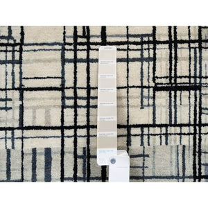 8'2"x9'9" Black, Modern Lines Design, Ghazni Wool, Hand Knotted, Oriental Rug FWR382212