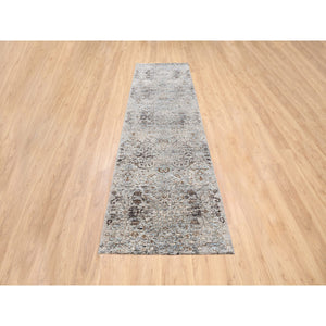 2'6"x10' Gray, Hand Knotted, Transitional Persian Influence Erased Medallion Design, Silk With Textured Wool, Oriental, Runner Rug FWR382242