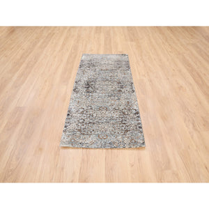 2'6"x6' Gray, Modern, Transitional Persian Influence Erased Medallion Design, Silk With Textured Wool, Hand Knotted, Oriental, Runner Rug FWR382266