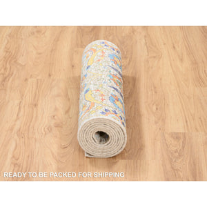 2'5"x10'1" Tan, Sickle Leaf Design, Silk With Textured Wool, Hand Knotted, Oriental, Runner Rug FWR382302