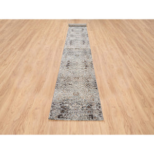 2'6"x16' Gray, Hand Knotted, Transitional Persian Influence Erased Medallion Design, Silk With Textured Wool, Oriental, Xl Runner, Rug FWR382332