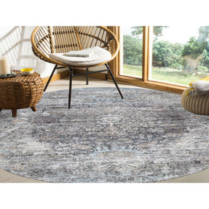 11'10"x11'10" Gray, Silk with Textured Wool, Hand Knotted, Transitional Persian Influence Erased Medallion Design, Oriental, Round Rug FWR382356