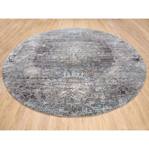11'10"x11'10" Gray, Silk with Textured Wool, Hand Knotted, Transitional Persian Influence Erased Medallion Design, Oriental, Round Rug FWR382356