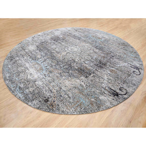 11'10"x11'10" Gray, Silk with Textured Wool, Hand Knotted, Transitional Persian Influence Erased Medallion Design, Oriental, Round Rug FWR382356